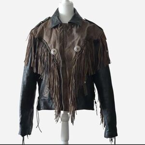 Vintage Size 46 Shaf Black & Tan Leather Western Fringe Motorcycle Biker Jacket